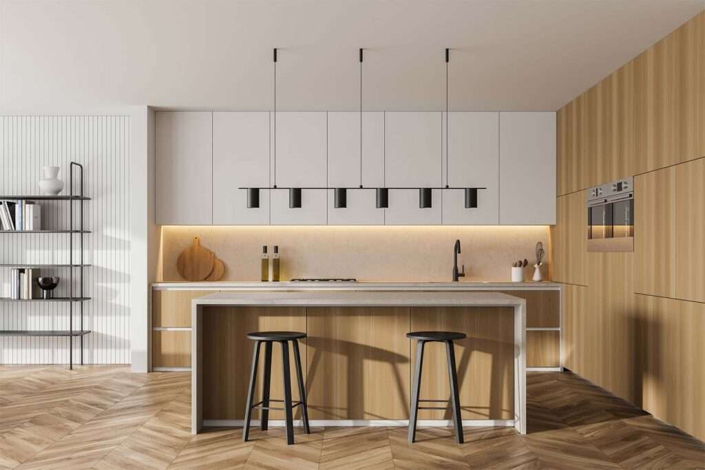Image of a rustic kitchen featuring polished wooden cabinets. Each cabinet door showcases the natural grain of the wood, giving the room a warm and cozy feel. The cabinet hardware complements the wood with their metallic finish. On the other side, a selection of cabinets have been freshly painted in a soothing pastel color. The painted cabinets provide a beautiful contrast to the wooden ones, making the kitchen appear eclectic yet harmonious.