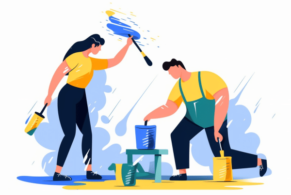 Two employees collaboratively painting a wall green using roller brushes in a well-lit indoor setting.