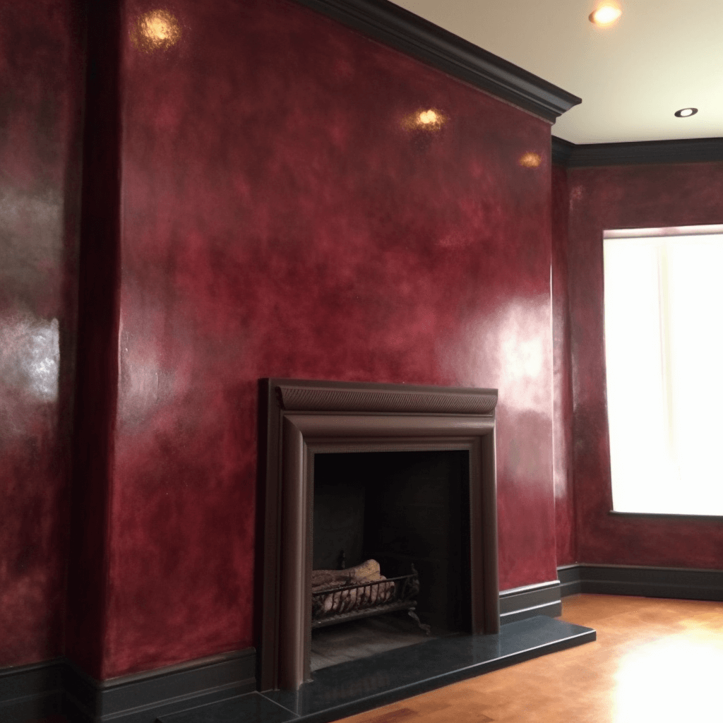 Vibrant dark red accent venetian plaster fireplace