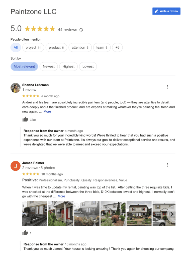 Painting contractor google reviews