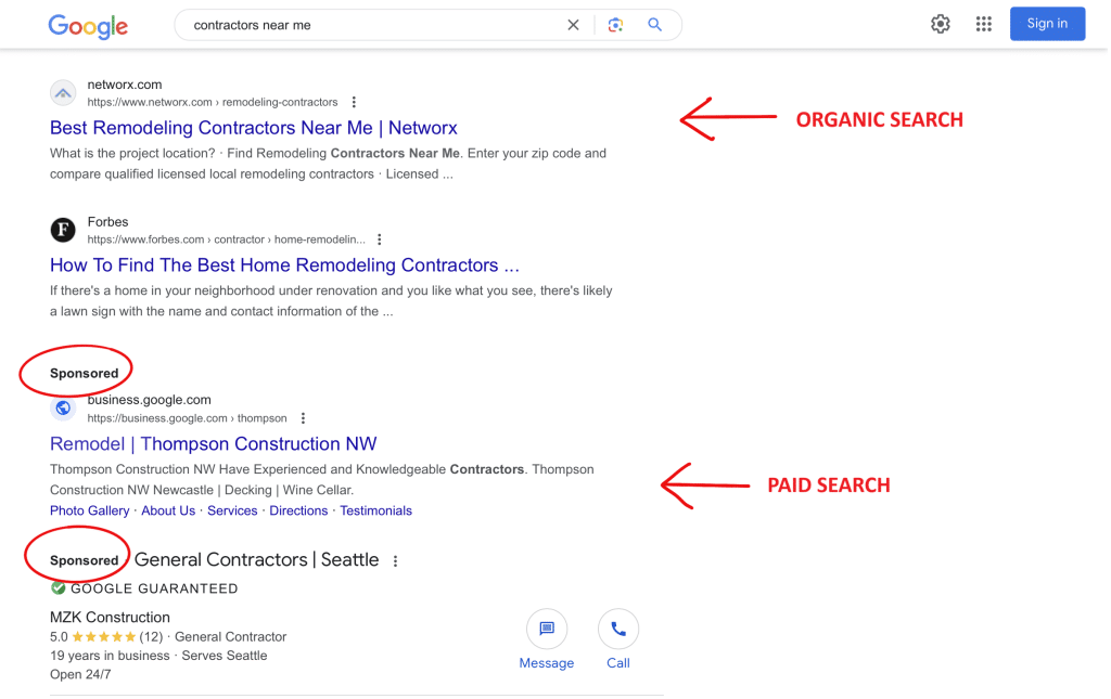 Painting Contractor near me paid search vs organic search