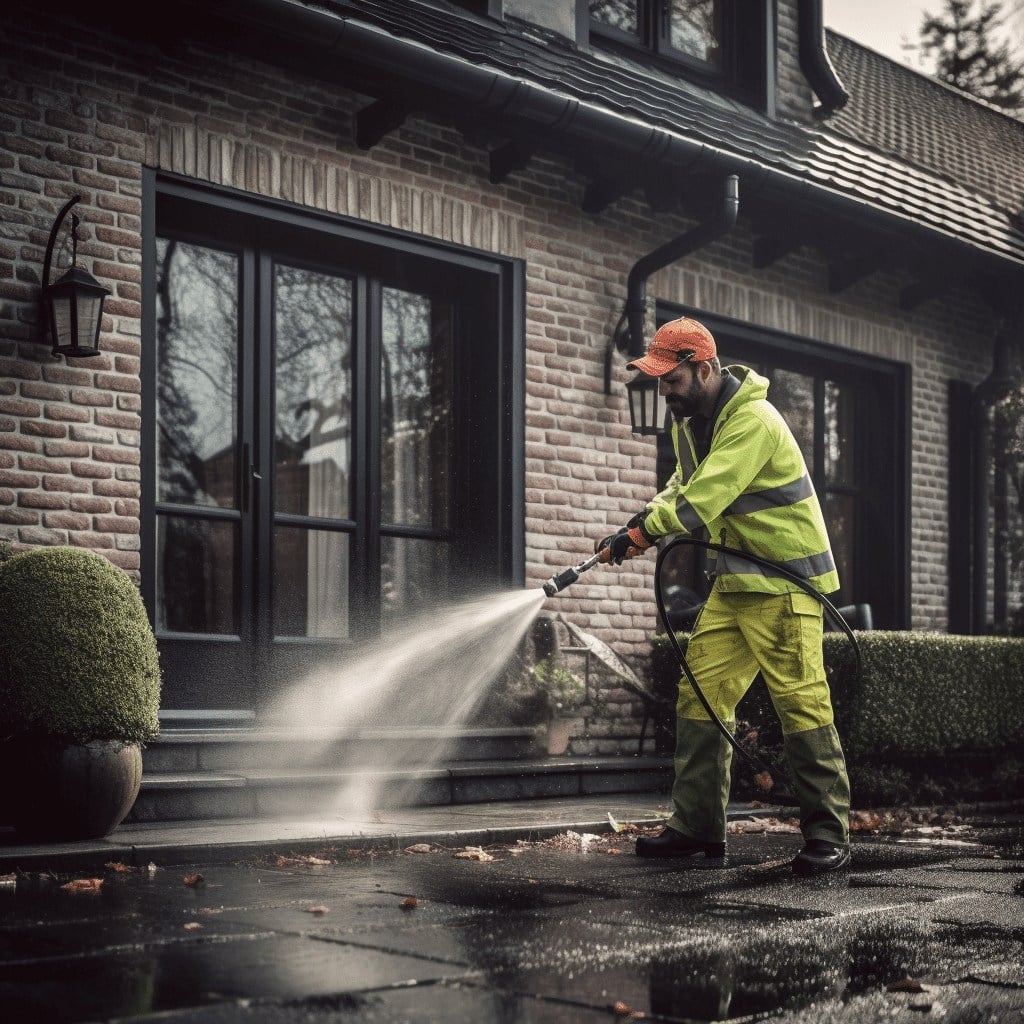 Man wearing a company uniform pressure washing the exterior of a home