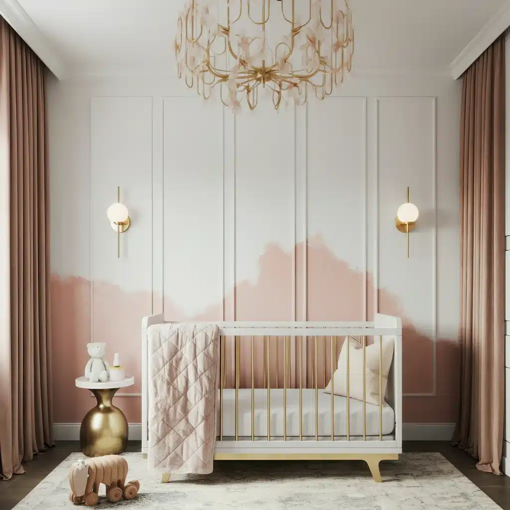 Paneled nursery painted in shoji white with lime wash accents in Blush color