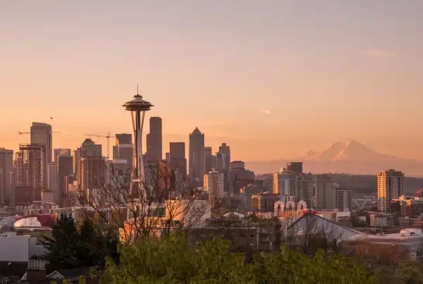 a city skyline with a mountain in the background