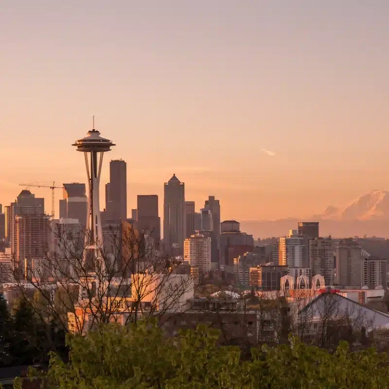 a city skyline with a mountain in the background